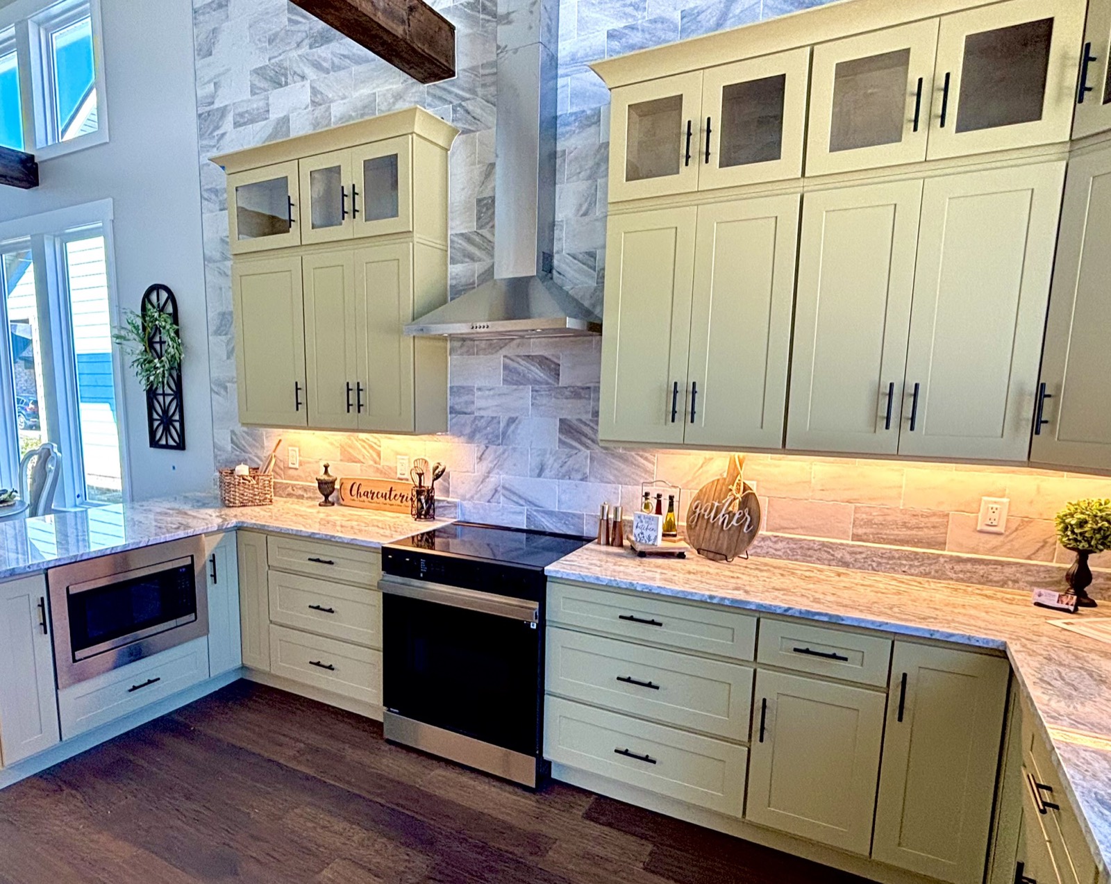 Sage with Marble Tile & Wood Beams